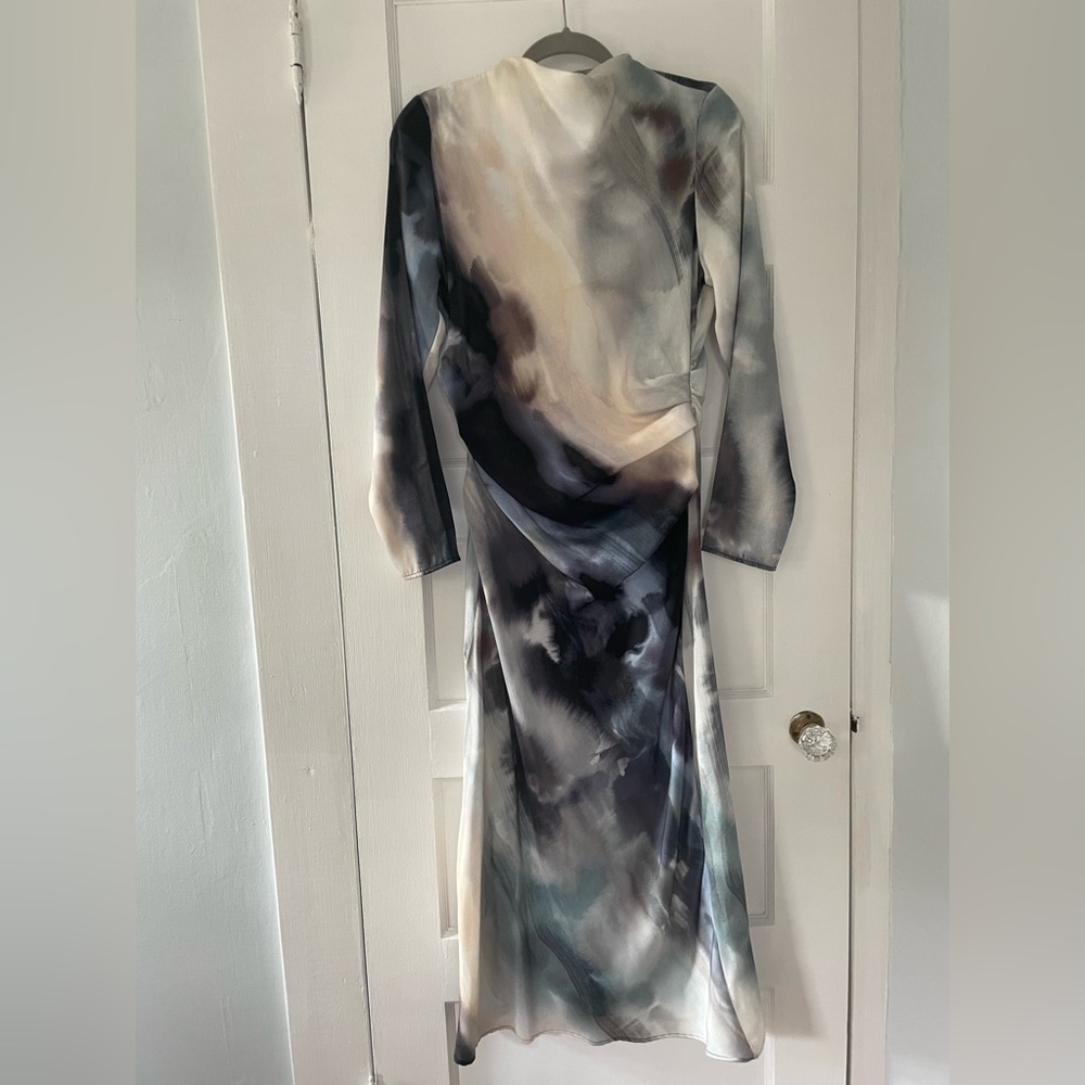 Elegant Multicolor Long Sleeve Dress with high neck, ruched waist and side slit